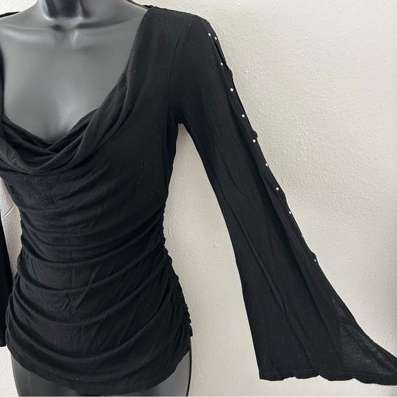 Y2K Vizio Black Cowl Neck Split Rhinestone Flare Sleeve Top Size S Going Out VTG - Picture 3 of 8